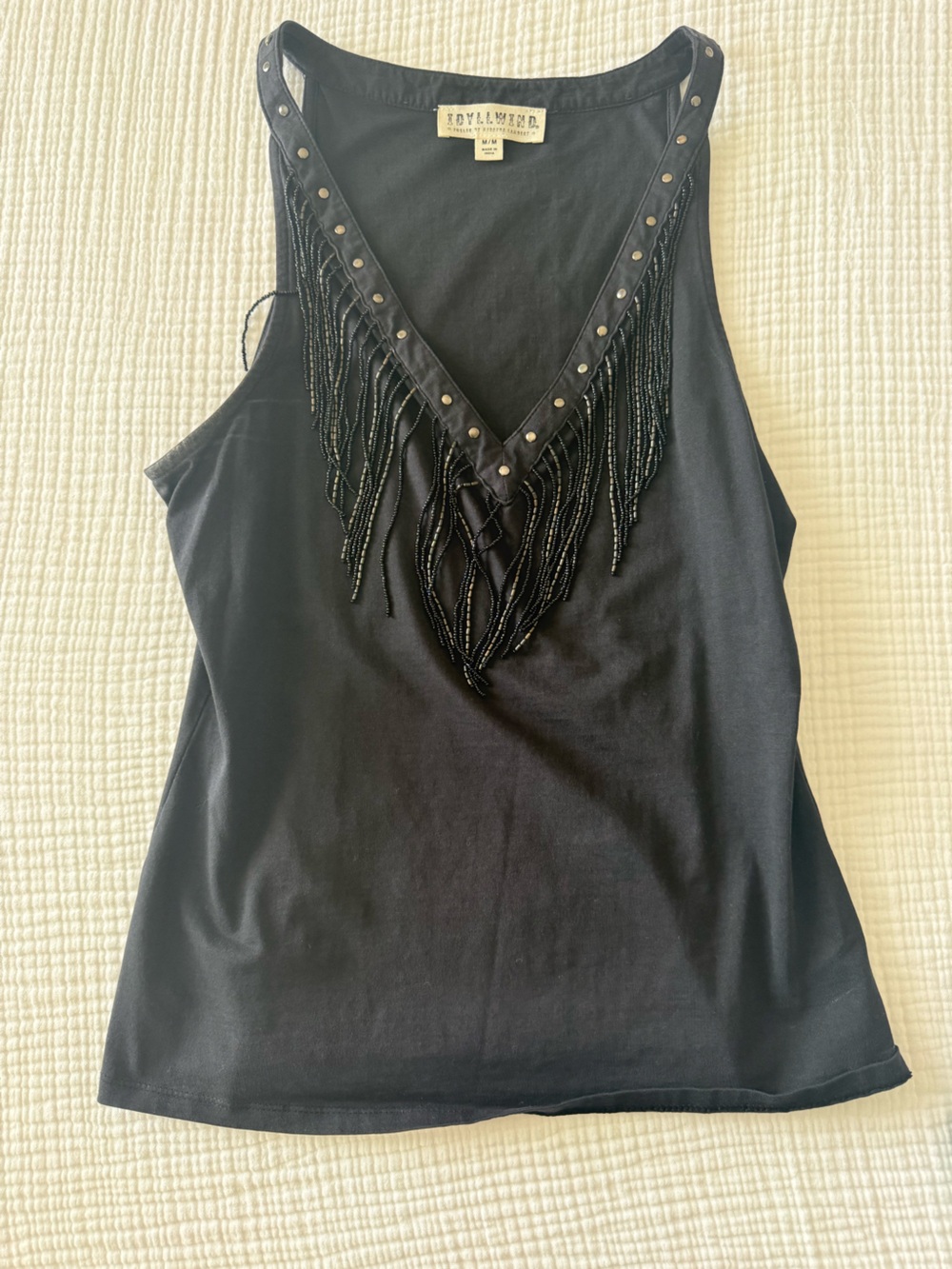 Idyllwind Black Beaded Fringe V-Neck Tank Top